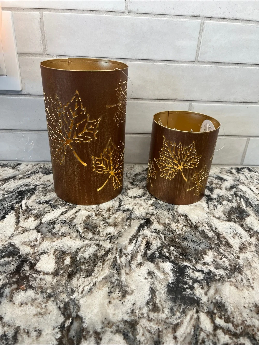 NEW Pair of Brown & Gold Leaf Metal Candle Holders